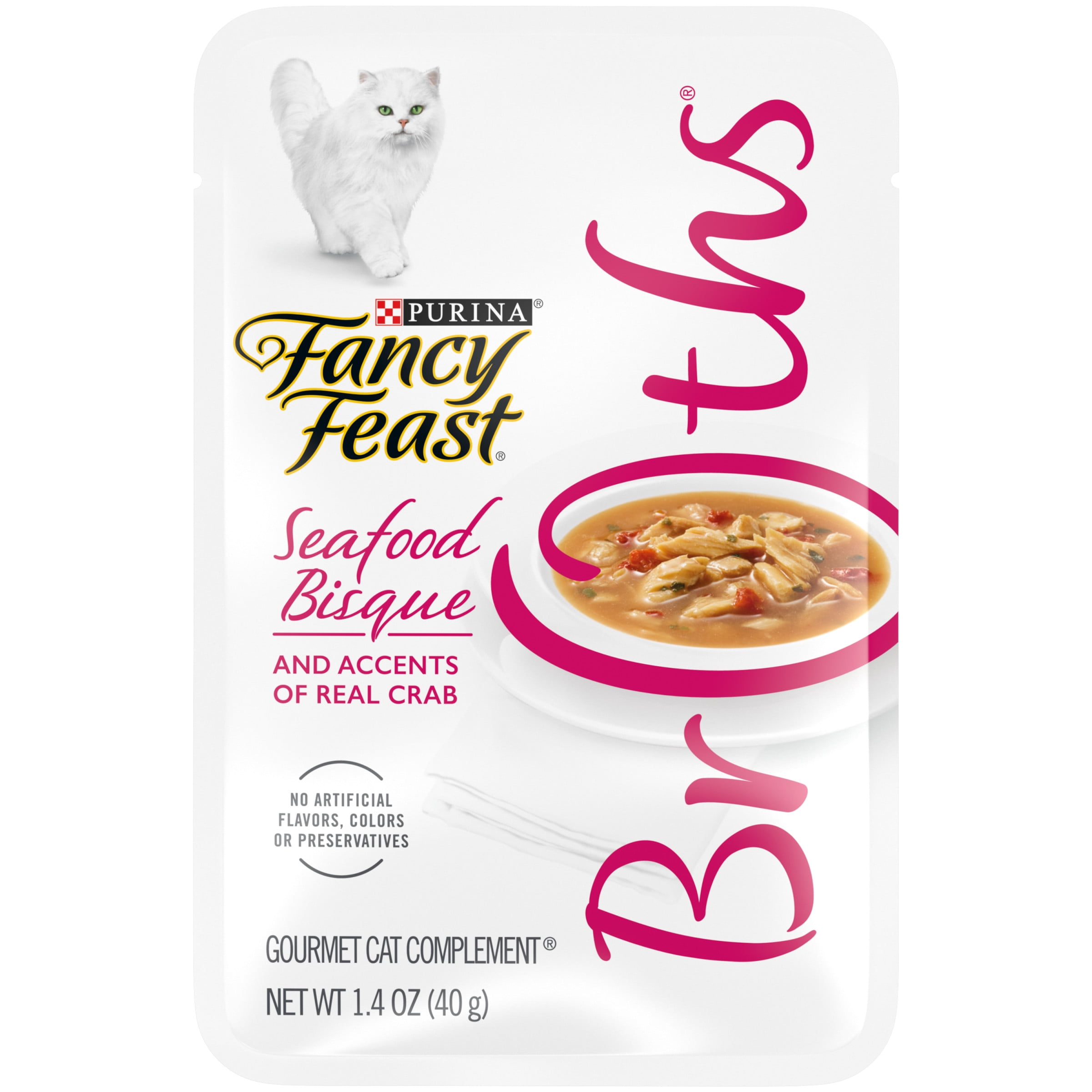 Purina Fancy Feast Broth Wet Cat Food Seafood Bisque Crab, 1.4 oz Cans (16 Pack)