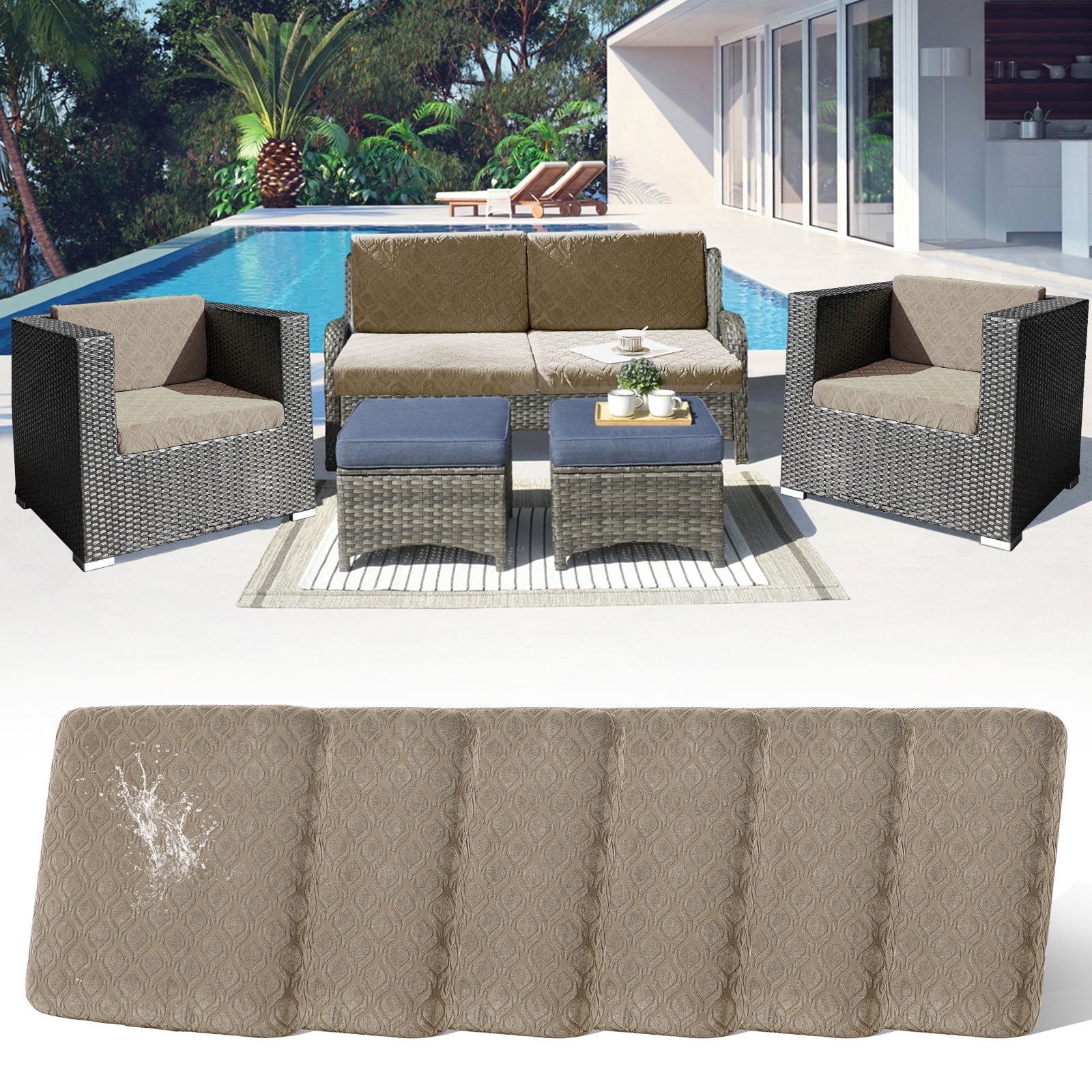 Topchances 6Pcs Patio Cushion Covers, Stretch Outdoor Water Resistant Sofa Cushion Cover Replacement for Patio Furniture Protector (Taupe)