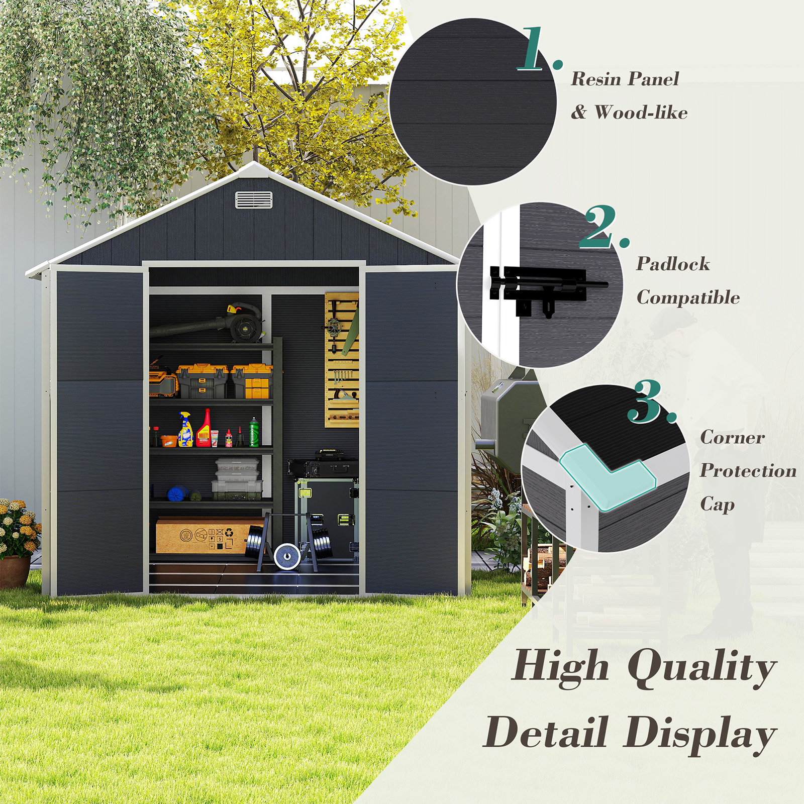 8x8 FT Resin Outdoor Storage Shed, Waterproof Plastic Garden Shed, Large Storage Space, Lockable Doors & Windows, Plastic Tool Shed, 12mm Thick PP Board (4X8 FT)