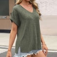 thumbnail image 6 of Summer Plus Size Tops for Womens Fashion Solid Color V-neck Stripe Knitted Short Sleeved With A Slit At The Hem, 6 of 9