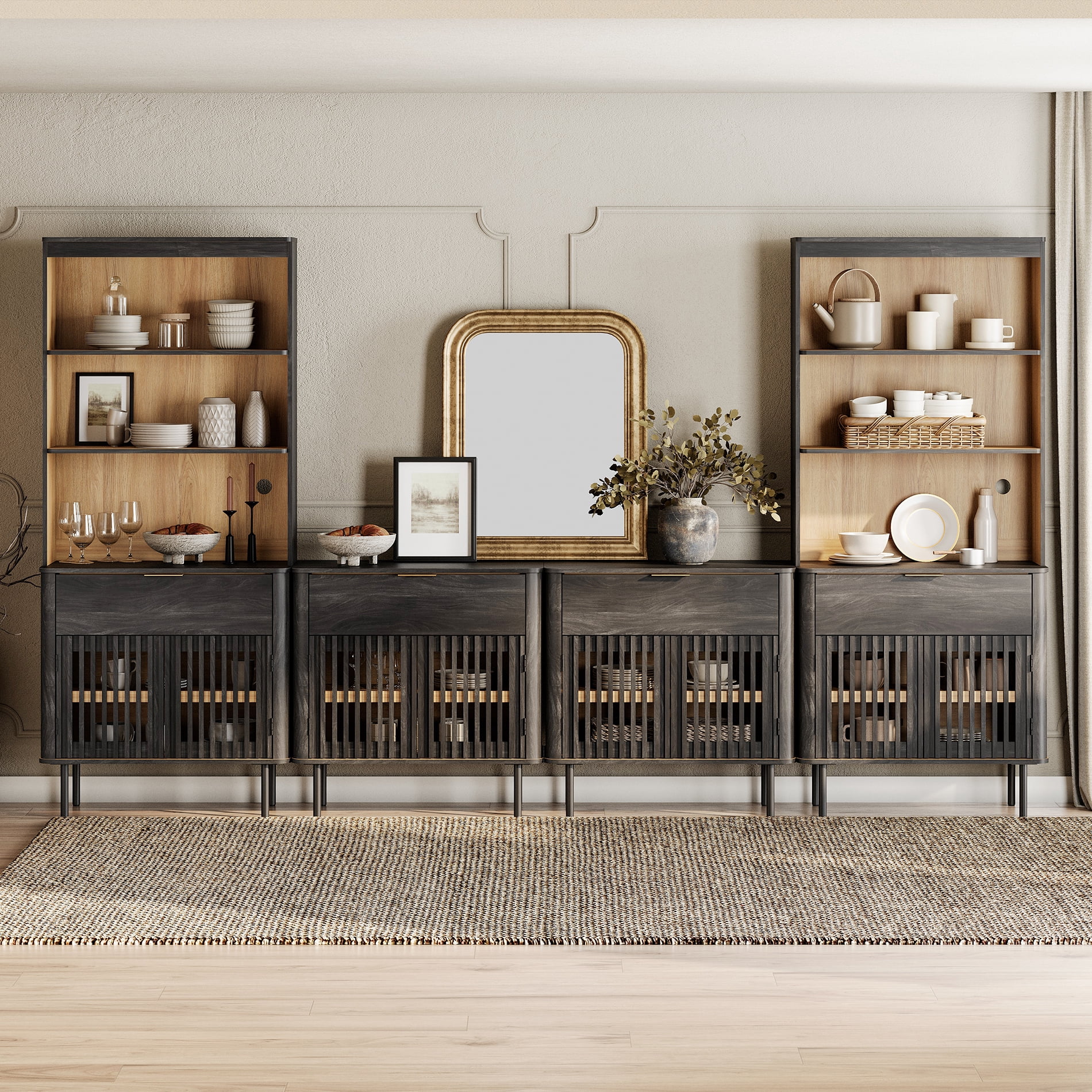 WAMPAT 72.8" Tall Bookshelf with Doors and Drawers, Modern Bookcase with Storage, Adjustable Shelves, Wood Storage Cabinet, Black
