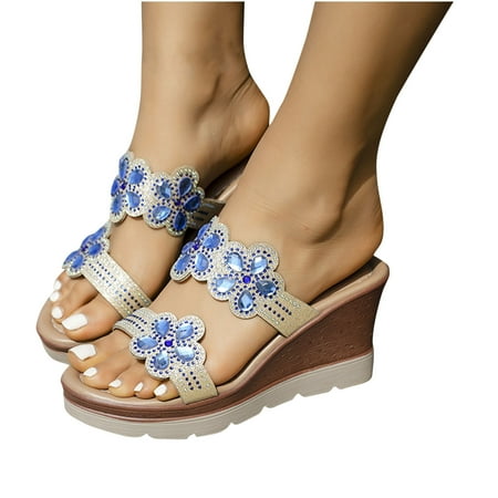 

mtvxesu Slides Women Summer Retro Casual Flower Water Diamond High Heel Straight Women s Slope Heel Slippers Womens Slide Sandals Camping or Travelling Clearance