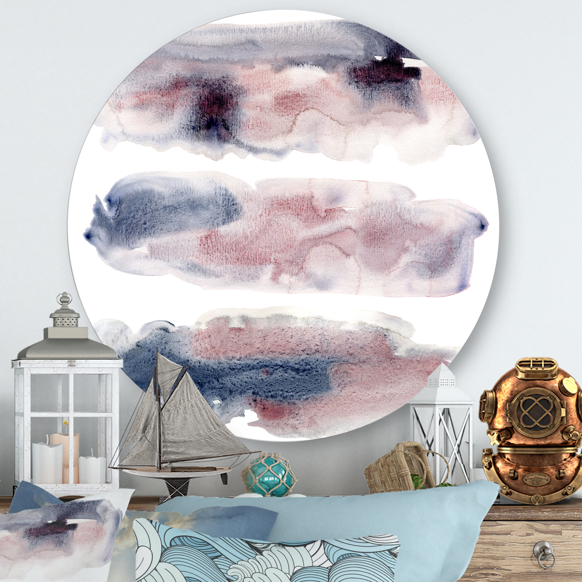 Designart 'Blue and Pink Clouds With Beige Spots I' Modern Circle Metal Wall Art 11x11 - Disc of 11
