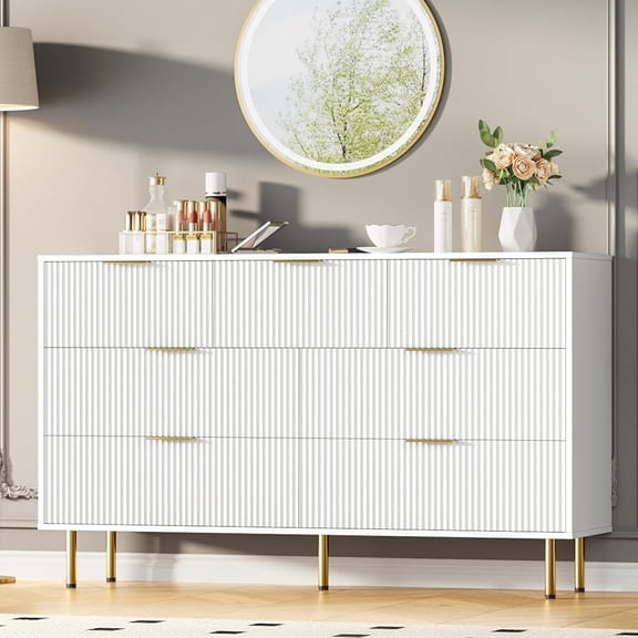 EastVita 7 Drawers Dresser for Bedroom - Fluted Chest of Drawers with Gold Handle - Wood Modern Dresser for Closet - Bedroom Furniture Storage Organizer for Living Room/Hallway - White