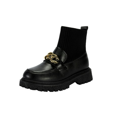 

Ferndule Girl Round Toe Dress Shoes Hiking Casual Knit Leather Booties Breathable Pull On Sock Boot Black with Plush Lining 2Y