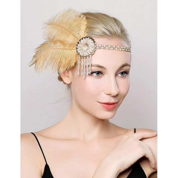 Bridal 1920s Flapper Feather Headband with Beaded Tassel Crystal Flexible Headband Feather Roaring 20s Headpiece Prom Party Festival Hair Jewelry for Women and Girls