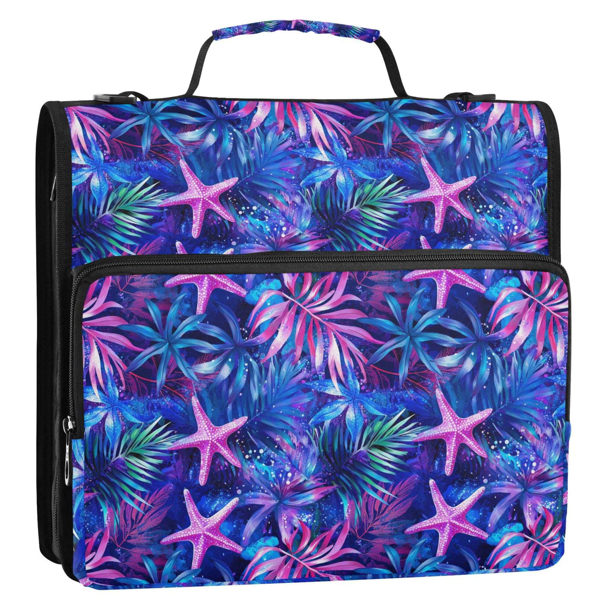 FORMRS Zipper Binder with Shoulder Strap 2-inch Ring 500 Sheet Capacity File Bag, Neon Pink Starfish
