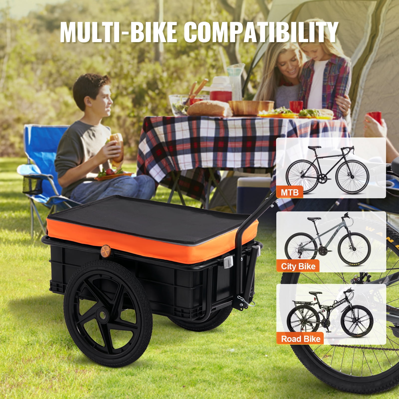 KFFKFF Bike Trailer for Cargo, 88 lbs Capacity, Sturdy Transport Cart, Foldable Design for Easy Storage, Comes with Water-Resistant Cover, 16' Wheels, Safety Reflectors, Fits 24'-28' Bikes