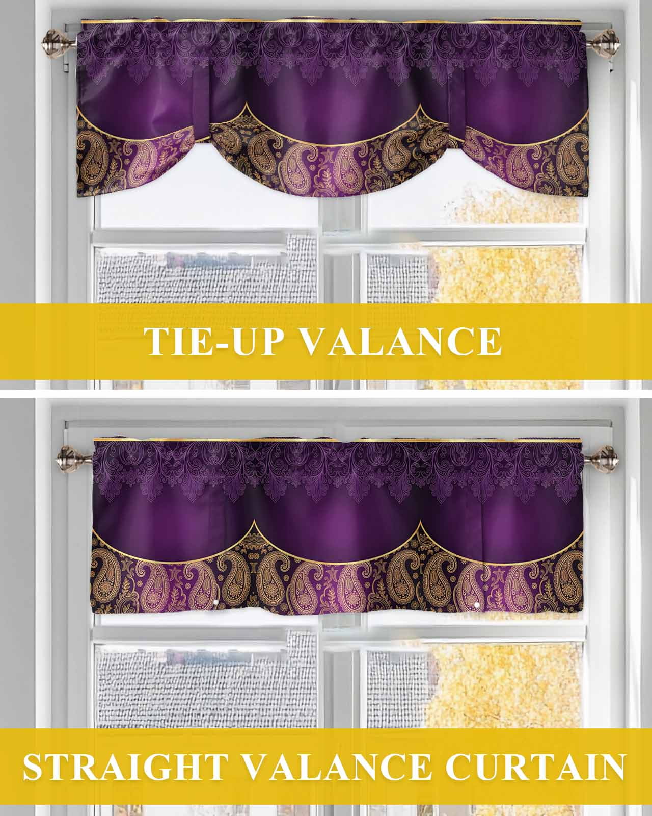 Purple Bohemian Floral Tie Up Valances Curtain, Flower Pattern Vintage Luxurious Kitchen Valances for Windows Decor, Rod Pocket Short Curtains Set for Bedroom/Bathroom, 60"x18"