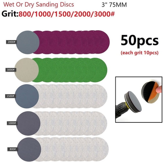 50Pcs 3 Inch Silicon Carbide Sanding Discs Wet/Dry Sanding Sandpaper 800-3000#