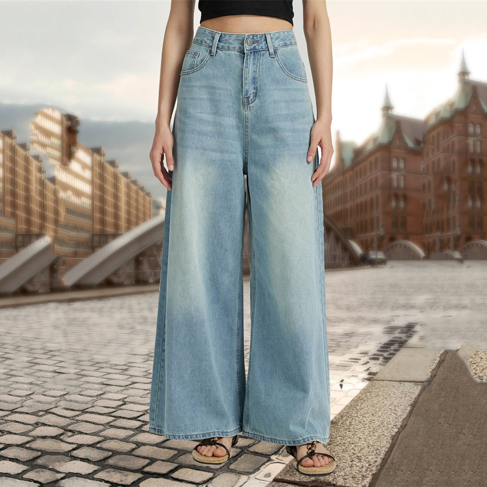 Mid Rise Barrel Jeans For Women Wide Leg Mid Waist Cropped Denim