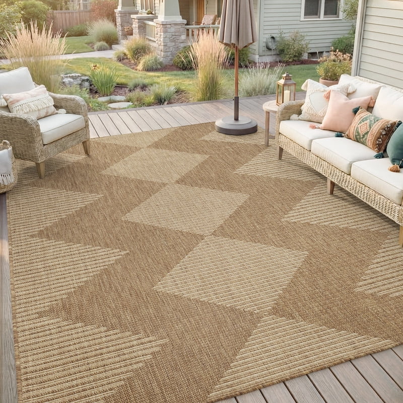 SIXHOME 8'x10' Outdoor Rugs, Bohemian Geometry Patio Rug, Indoor Outdoor Polypropylene Weave Textured Carpet, Water-Resistant, Quick-Dry Rug for Porch, Balcony, RV, Garden, Neutral Brown