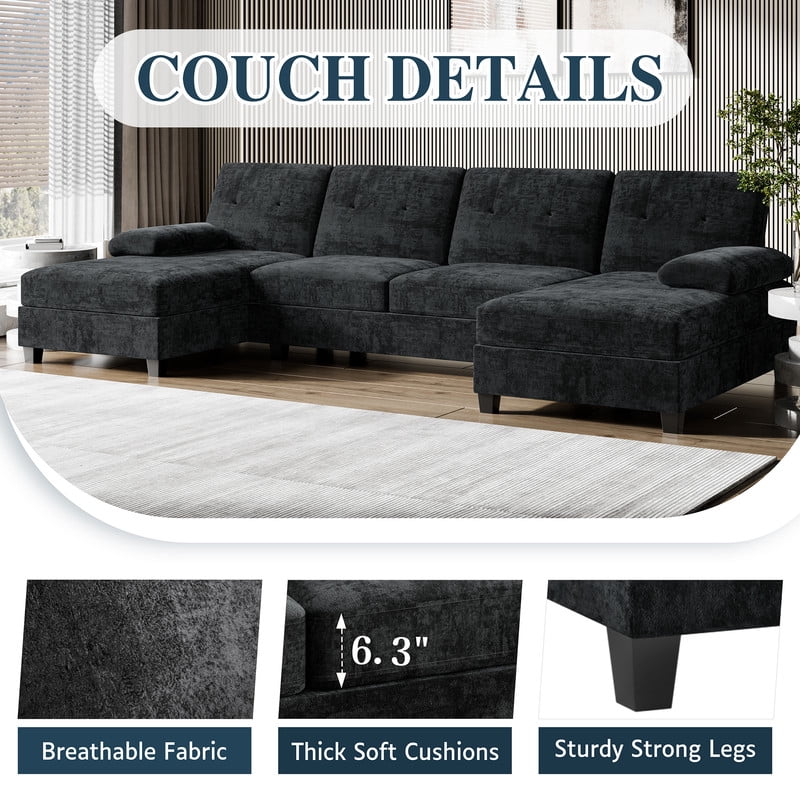 Walsunny U-Shaped Sectional Sofa Couch, 4 Seat U Shaped Oversized Clearance Sofa Set with Double Chaise for Living Room, Black