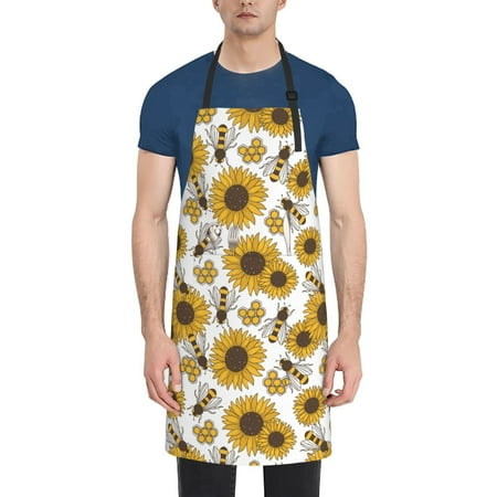 

Pofeuu Sunflowers and Bees Print Waterproof Apron with Pockets Adjustable Cooking Aprons Kitchen Bib for Baking Household Cleaning