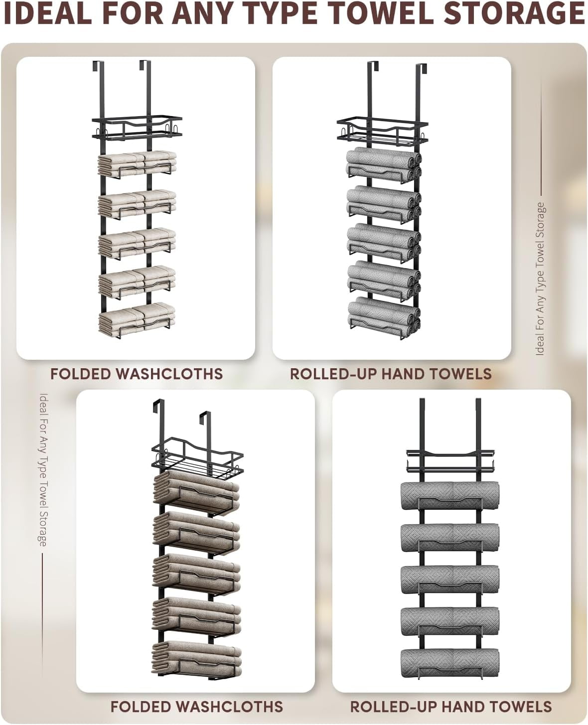 Hanging Towel Racks for Bathroom No Drill - 6-Tier Over The Door Bath Towel Storage Organizer for Small Bathrooms - Tiered Back of Door Towel Holder Hanger for Rolled Towels
