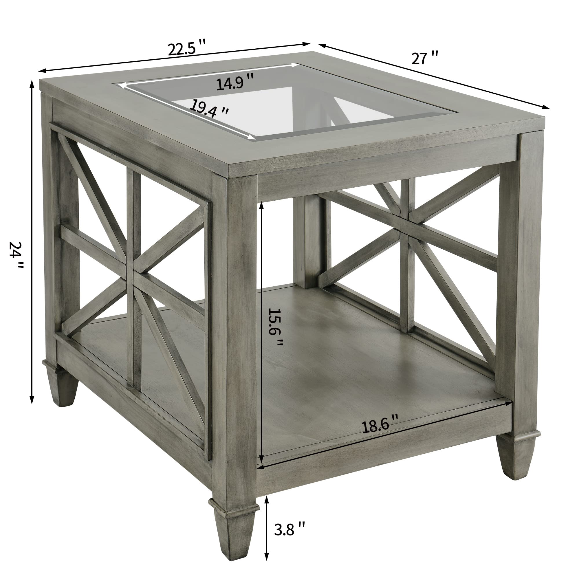 JESONVID Farmhouse End Table Living Room, Furniture Solid Wood Square Large Side Tables with Storage Chairside Coffee Table Tempered Glass Top Design Antique Gray