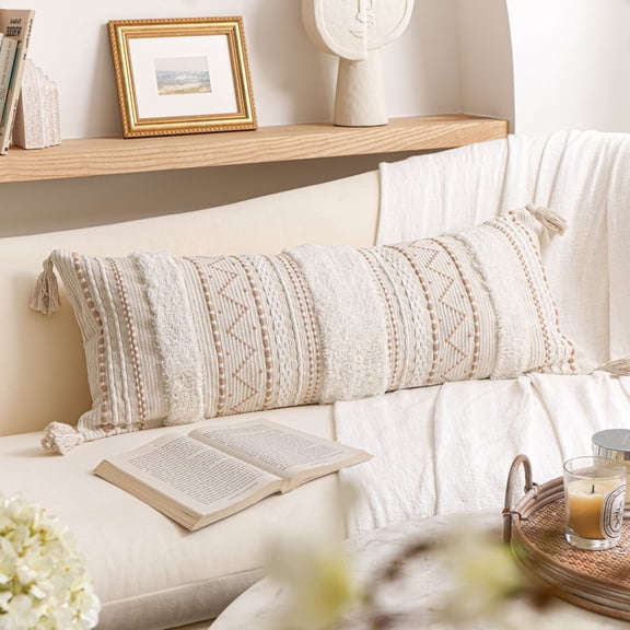 BlissBlush Cream Decorative Lumbar Throw Pillow Cover 14x36 Boho Long Cushion for Bed Neutral Accent Farmhouse Pillowcase for Bedroom Living Room Couch Sofa Home Décor (Cover ONLY, Pack of 1)