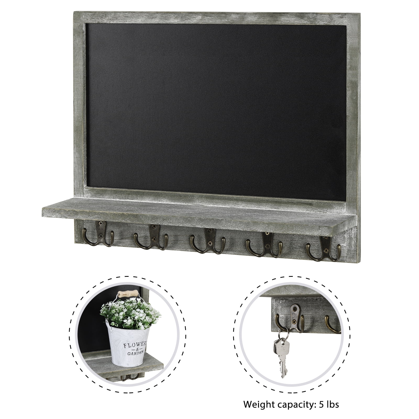Oumilen Wall Mounted Chalkboard with Display Shelf and 5 Double Metal Hooks, Olive Green