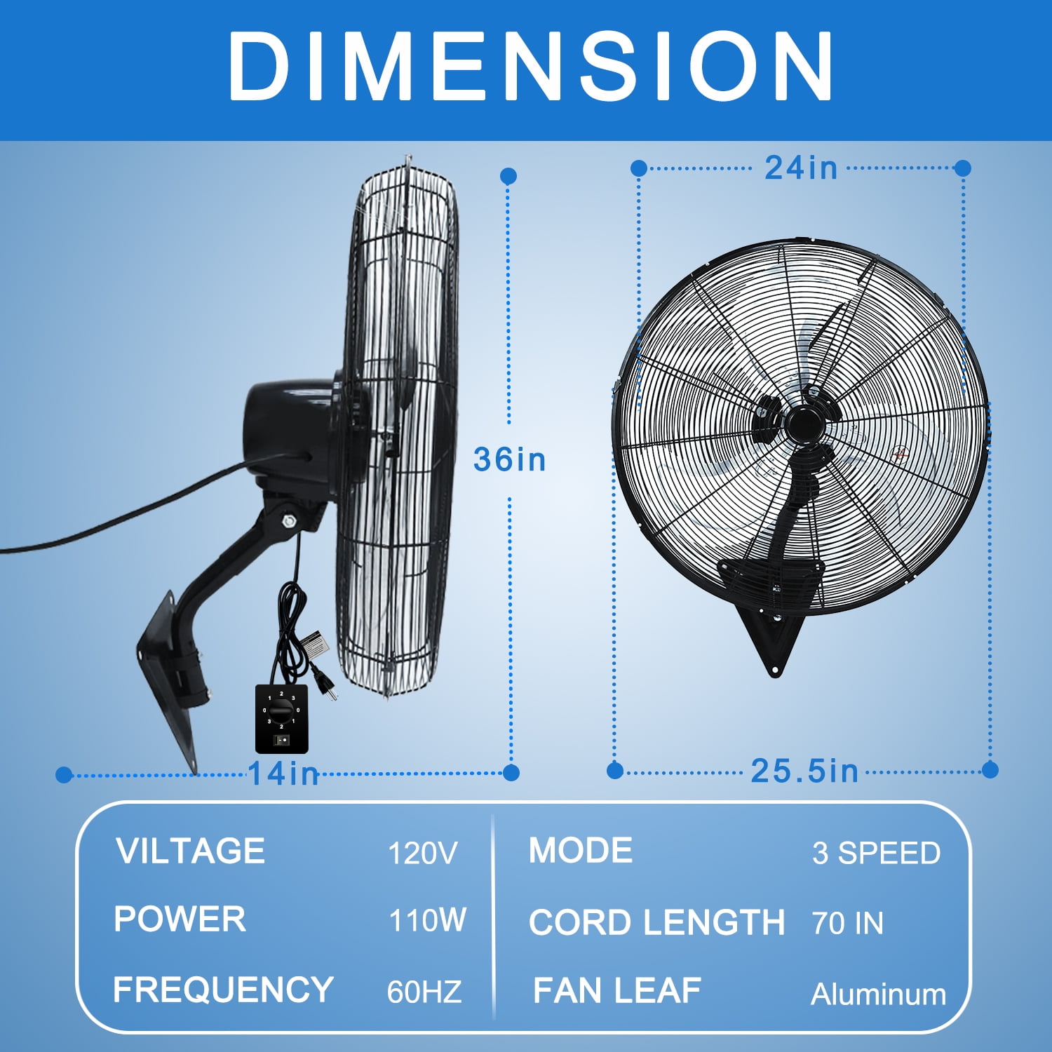 24” Wall Mount Fan 8000 CFM High Velocity Industrial Heavy Duty Fan with 3-Speed Oscillating Commercial Use for Warehouse, Garage, Factory, Black