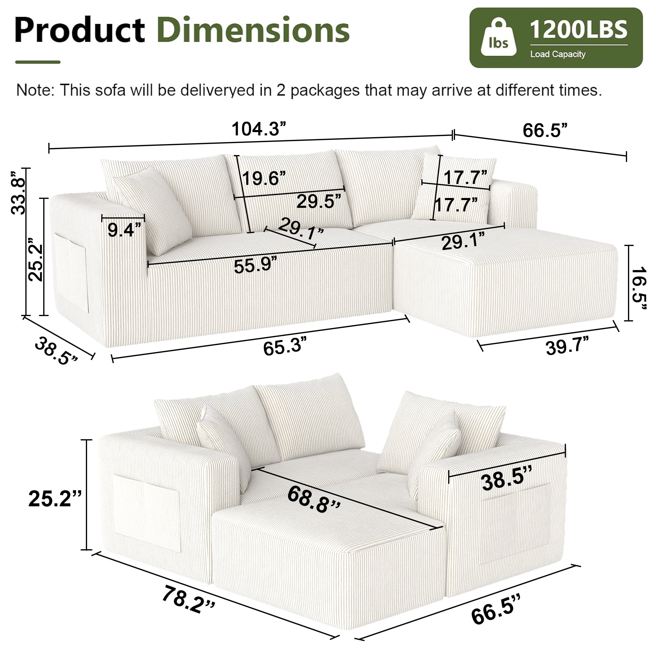 DEALTOPS 104'' Modular L-Shape Sectional Sofa with Chaise, Comfy Deep-Seat Cloud-Couch, Corduroy - White