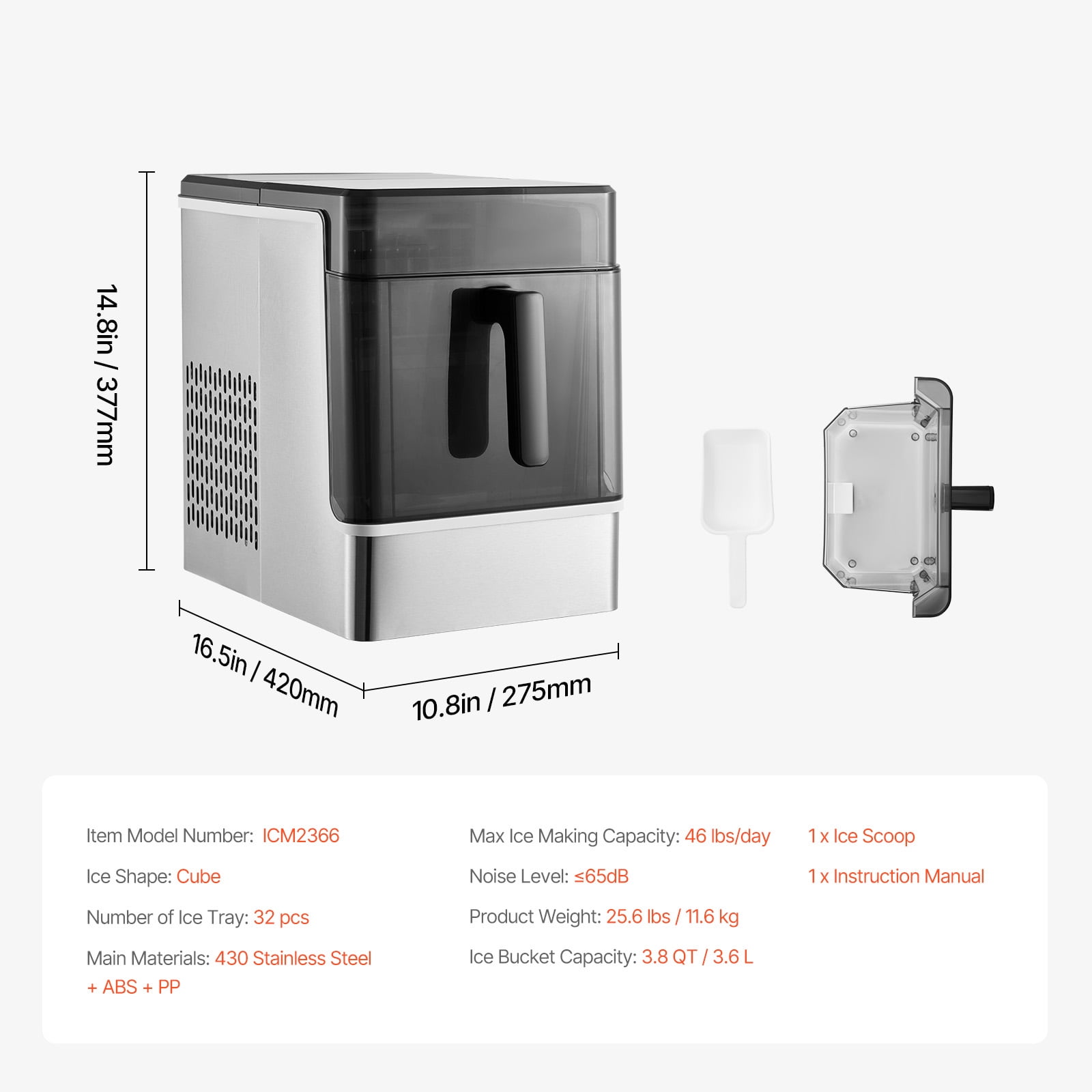 KFFKFF Countertop Ice Maker, Produces 32 Ice Cubes in 15 Minutes, 46lbs Daily Capacity, Portable Ice Machine with Self-Cleaning Function and Two Cube Sizes for Home, Kitchen, Office, or Party Use