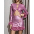 thumbnail image 3 of Diconna Femmes Soirée Partie Robe Plume Garniture Évider Manches Longues Bodycon Robe Cocktail Mini Robe, 3 of 7