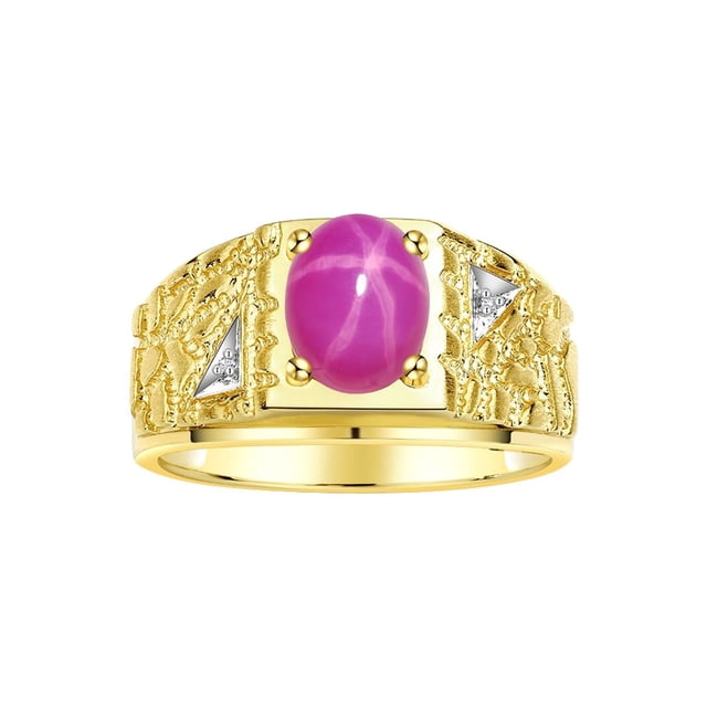 RYLOS Men's Rings 14K Yellow Gold Designer Nugget Ring Oval 9X7MM Gemstone & Diamonds Star Ruby July Birthstone Rings For Man Size 13