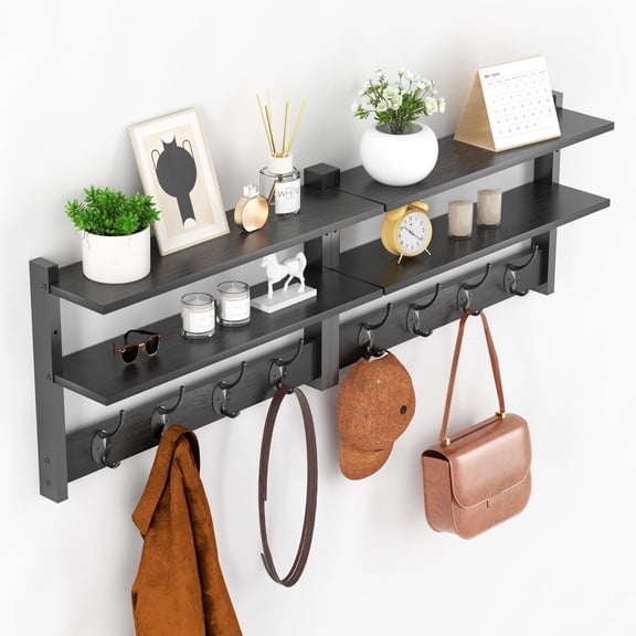 2 Tier Coat Rack Wall Mount with Shelf, 33" Wall Shelf with Hooks, Entryway Key Holder for Wall with 8 Heavy Duty Double Hooks, Coat Hook Wall Mounted for Bedroom, Living Room, Black