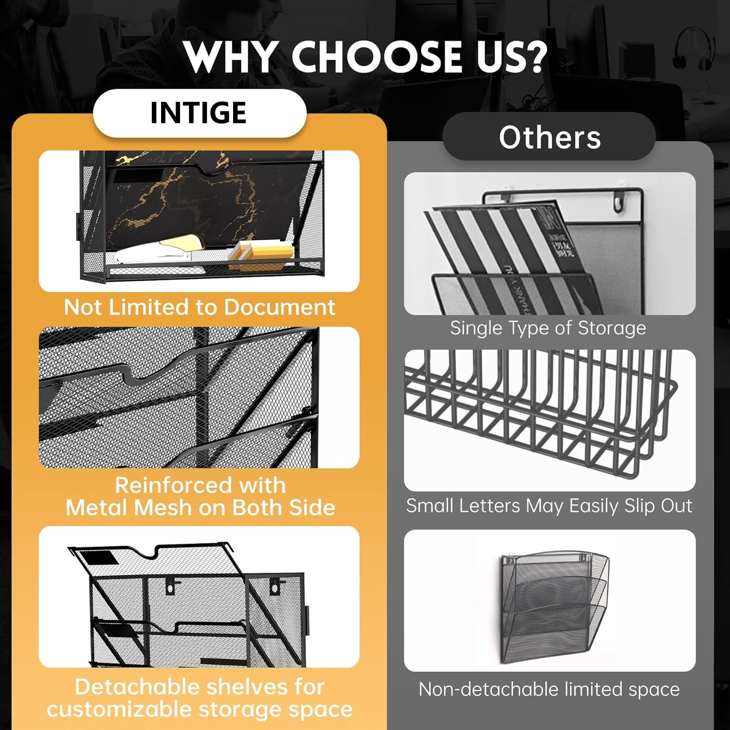 INTIGE 13-Tier Wall Metal File Organizer, Hanging Paper Organization, Black, Screw Mount