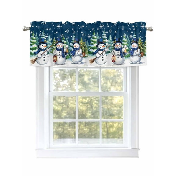 Christmas Snowman Valances for Windows Winter Pine Snowflakes Blue Retro Art Rod Pocket Curtains Valance Short Window Treatment Drapes for Living Room, Bedroom Bathroom 54" W x 18" L