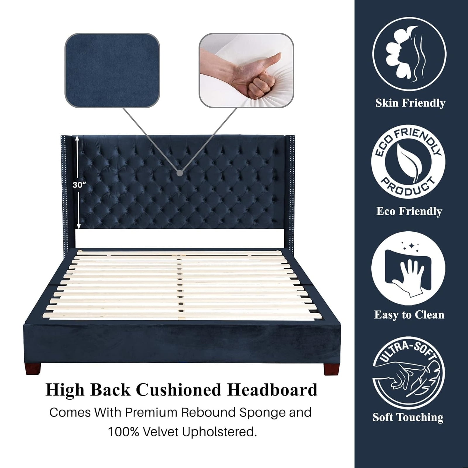 Nathaniel Home, Queen Beds, Upholstered Platform Bed Frame, Low Profile Deep Button Tufting Bed Frames, with Diamond Nailhead Trim Wingback Headboard, Blue