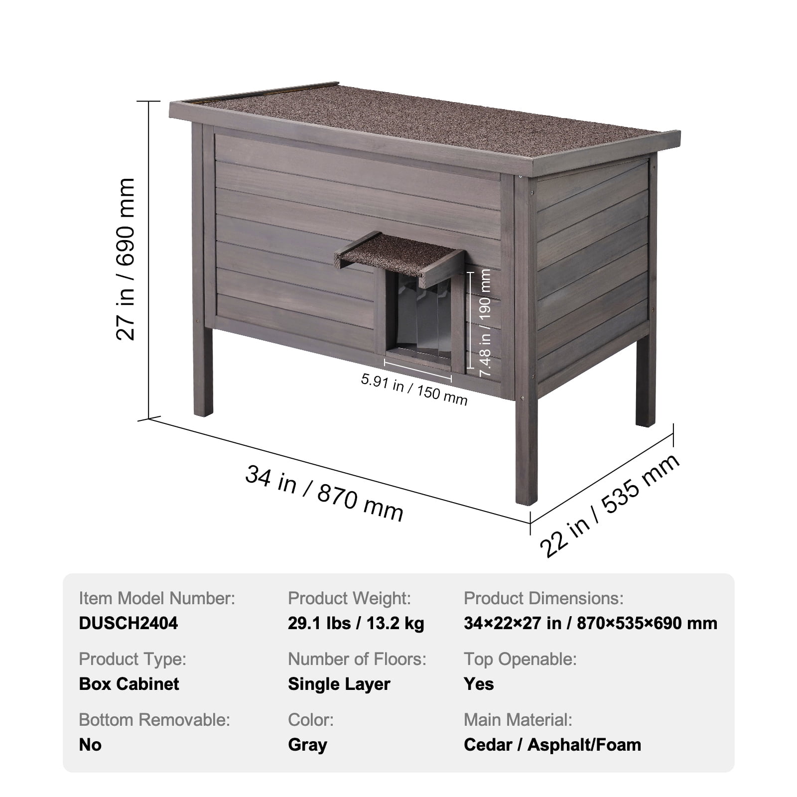 KFFKFF Weatherproof Outdoor Cat Shelter, Wooden Insulated House for Cats and Rabbit, 34x22x27in