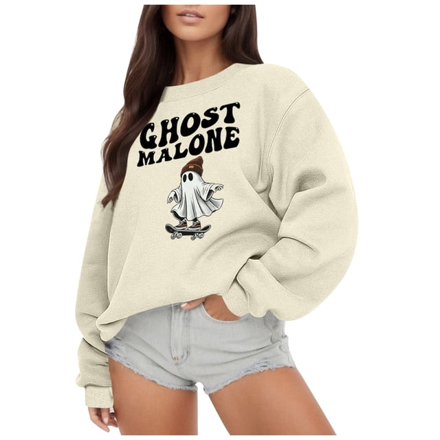 VBARHMQRT Chandail à Capuche Uni pour Femmes Imprimé Manches Longues Chandails Légers Col Rond chandail Graphique Hauts Amples Blouses