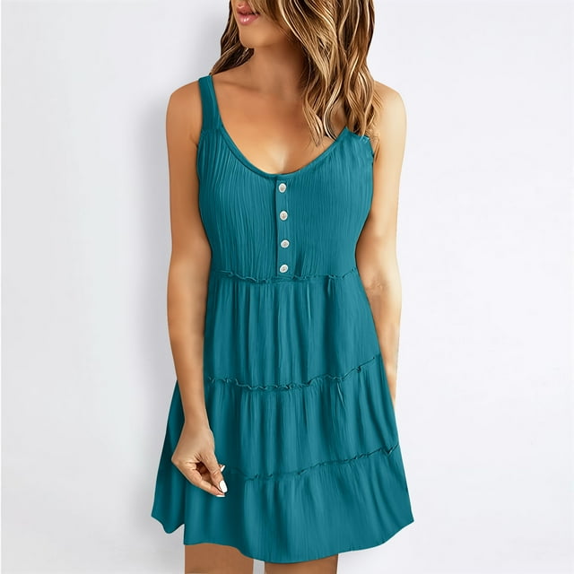 FcBaudy Robe Camis Sans Manches à Col Rond, Robes pour Femmes, Robes pour Femmes Mode Féminine Été Décontractée Bretelles Col Rond Couleur Unie Robe Sans Manches Femme Lavage à l'Eau Jupe à Plis