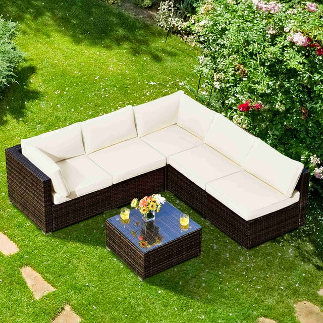 Costway Ensemble de Mobilier de Patio en Rotin 6 Pcs Canapé Coussiné Table Basse Jardin