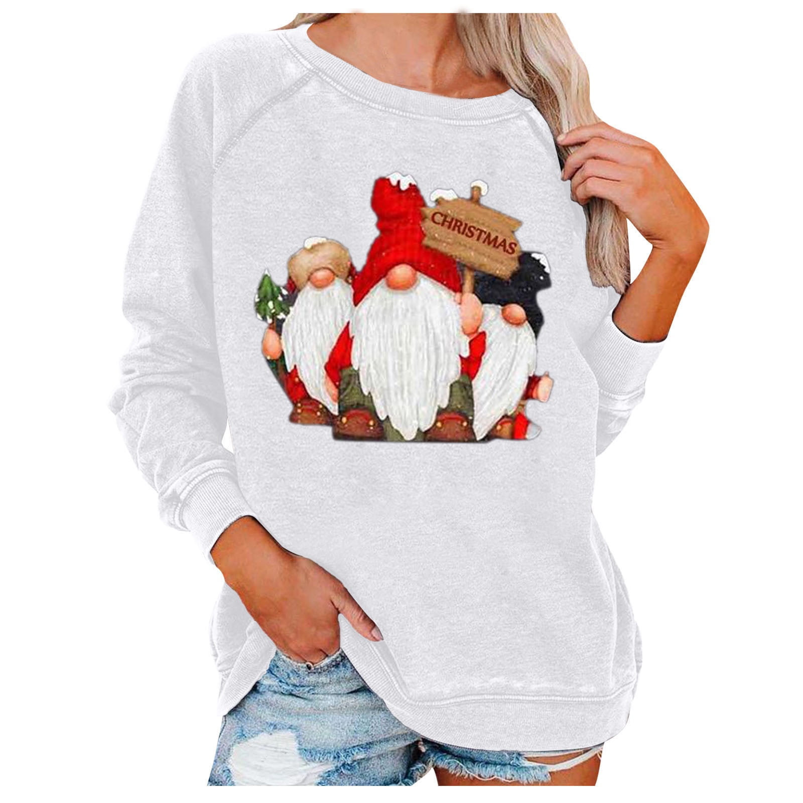 Womens Casual Crewneck Sweatshirts Off Shoulder Santa Claus Printed Loose Soft Long Sleeve Pullover Tops Shirts 