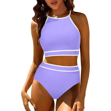 LEBONYARD Bandeau Bikini Top Two Piece Swimsuits for Women Strapless Beachwear Swimsuits for Women Piece Hawaiian Tropical Print Swim Cami Bra and Ruffles Bathing Sets Beachwear Purple XL