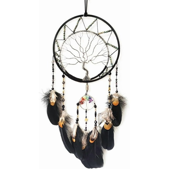 ABCISI Black Large Dream Catcher, Wall Decor Crystal Tree of Life Dream Catchers Handmade Feather Dreamcatcher Wall Hanging Ornament for Bedroom Living Room Home Decor