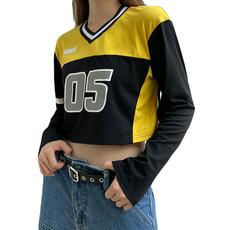 Women Y2k Crop Tops Numbers Print Long Sleeve Baseball Shirt Spring Autumn  Slim Fit Tops Vintage Aesthetic Streetwear Punk E-Girl Clothes 