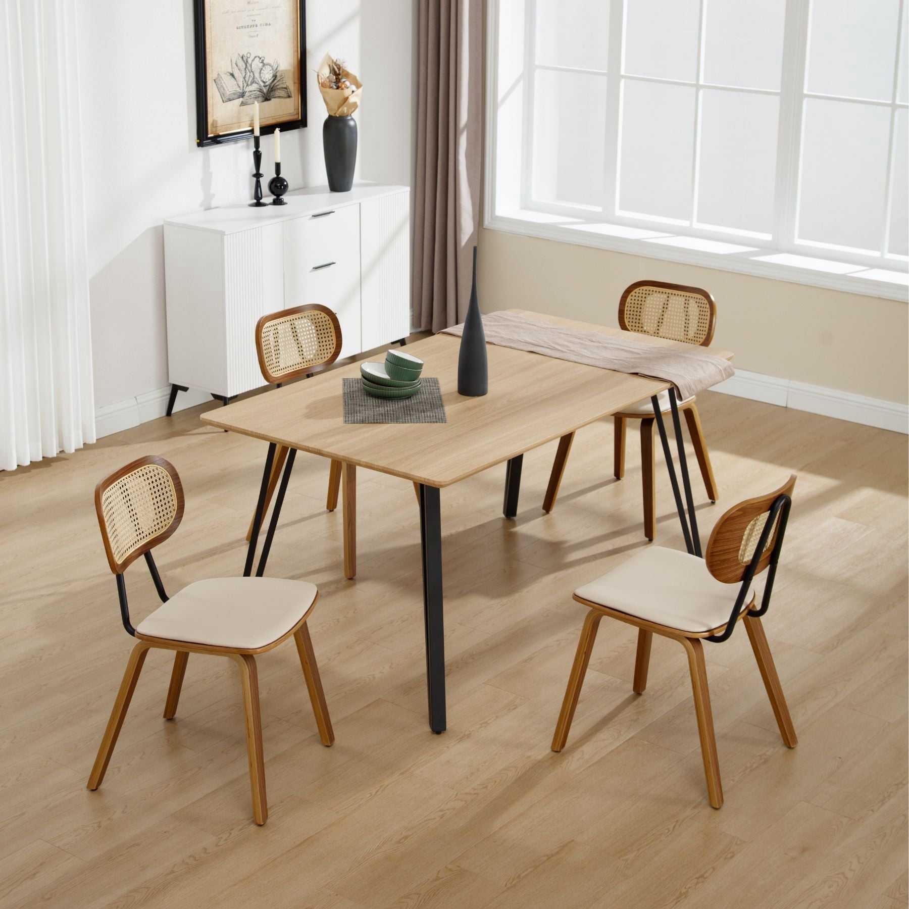 Modern Mid-Century Dining Chairs Set of 4,Upholstered Faux Leather Side Chairs with Rattan Backrests and Wood Legs for Dining Room, Kitchen or Living Room, Beige