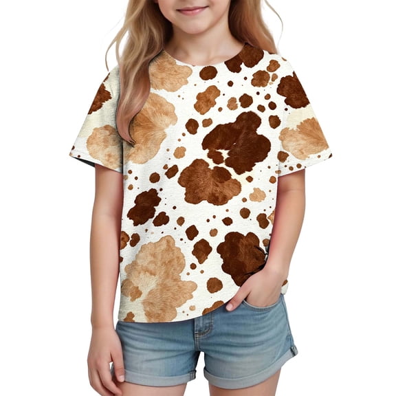 fnnxnal Girls Cow Print Brown Western Short Sleeve Crew Neck T-Shirt for Kids,Size 5 T