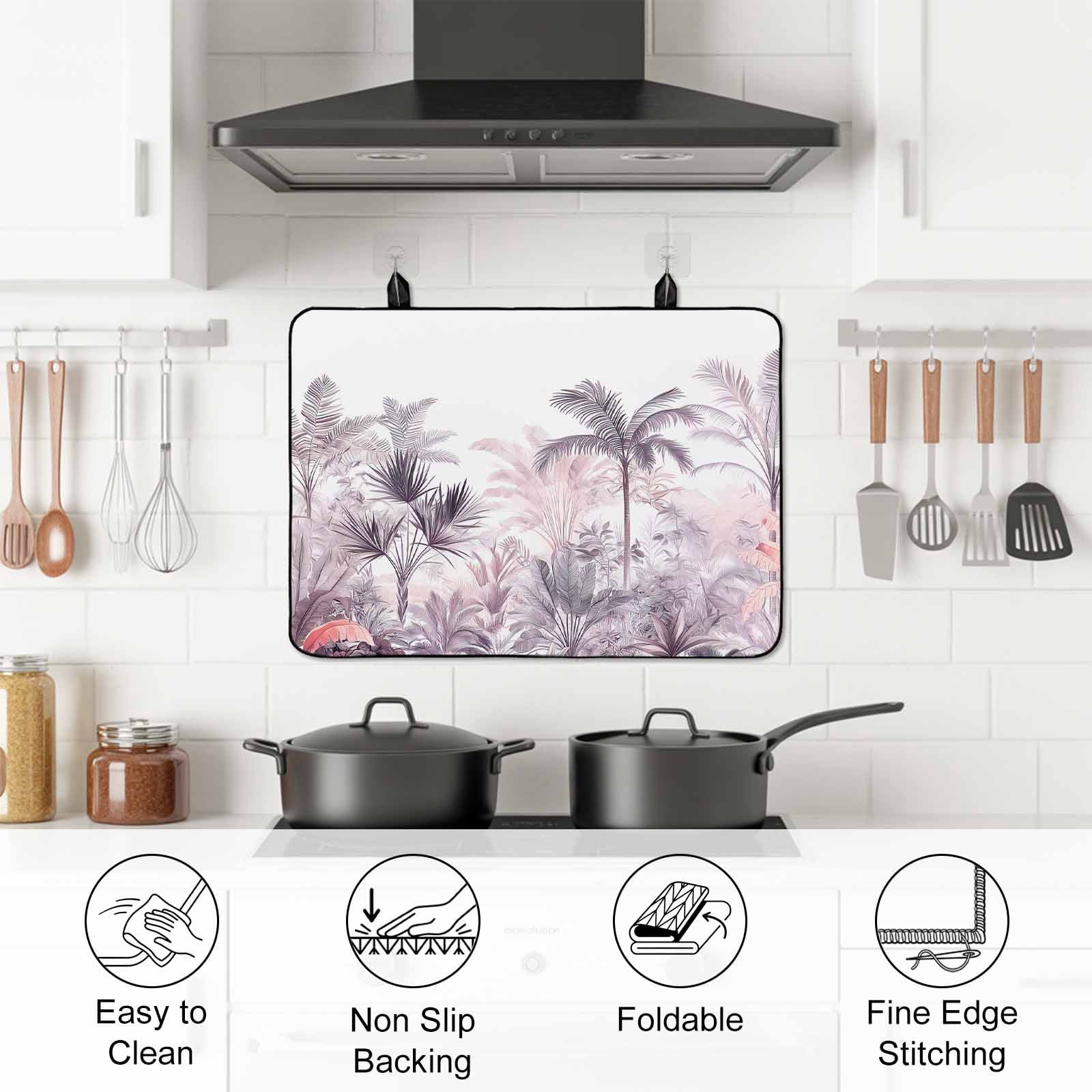 Pink Palm Tree Stove Top Cover for Electric Stove, Heat-proof & Non Slip Glass Top Stove Cover Protector, Forest Tropical Plants Flower Leaf Kitchen Flat Cooktop Rubber Mat 28.5x20.5 Inches