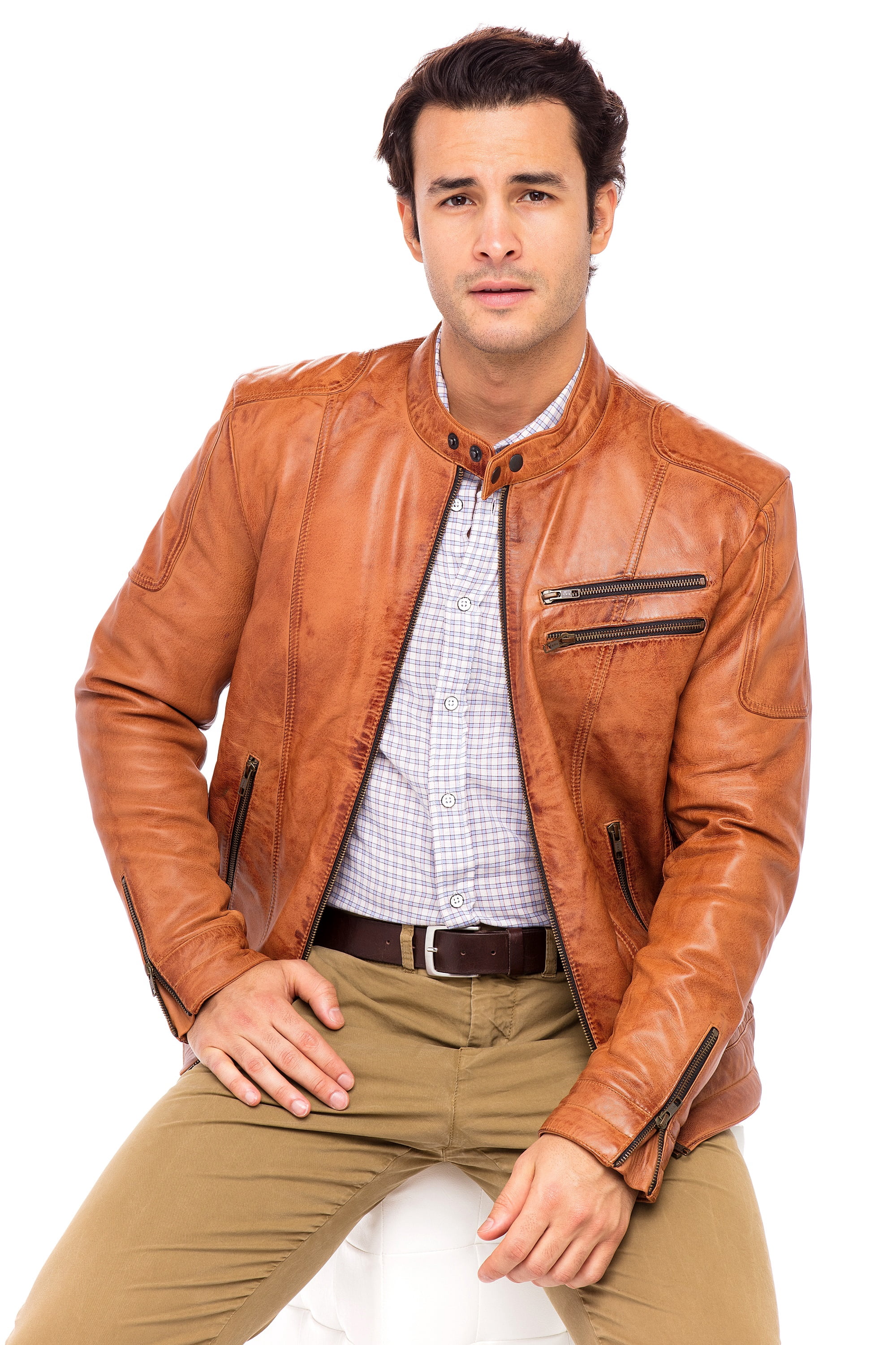 Skylinewears Men Leather Jacket Vintage Cool Jacket Leather Long Sleeve Stand Collar Club Coat Camel Size S