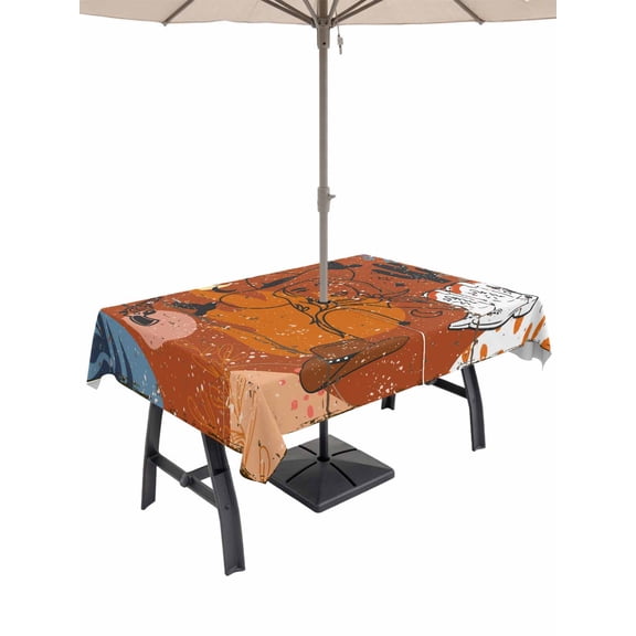 Outdoor Tablecloth with Umbrella Hole for Patio/Picnic/Party/Camping, Western Cowboys Waterproof Table Cloth Rectangle Table Cover Washable, Vintage Boho Abstract Cactus Orange (60"x 102")