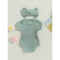 thumbnail image 5 of Musuos Baby Girls Summer Ribbed Jumpsuit 3M 6M 9M 12M 18M Short Sleeve Solid Color Romper with Bow Headband Casual Outfits, 5 of 9