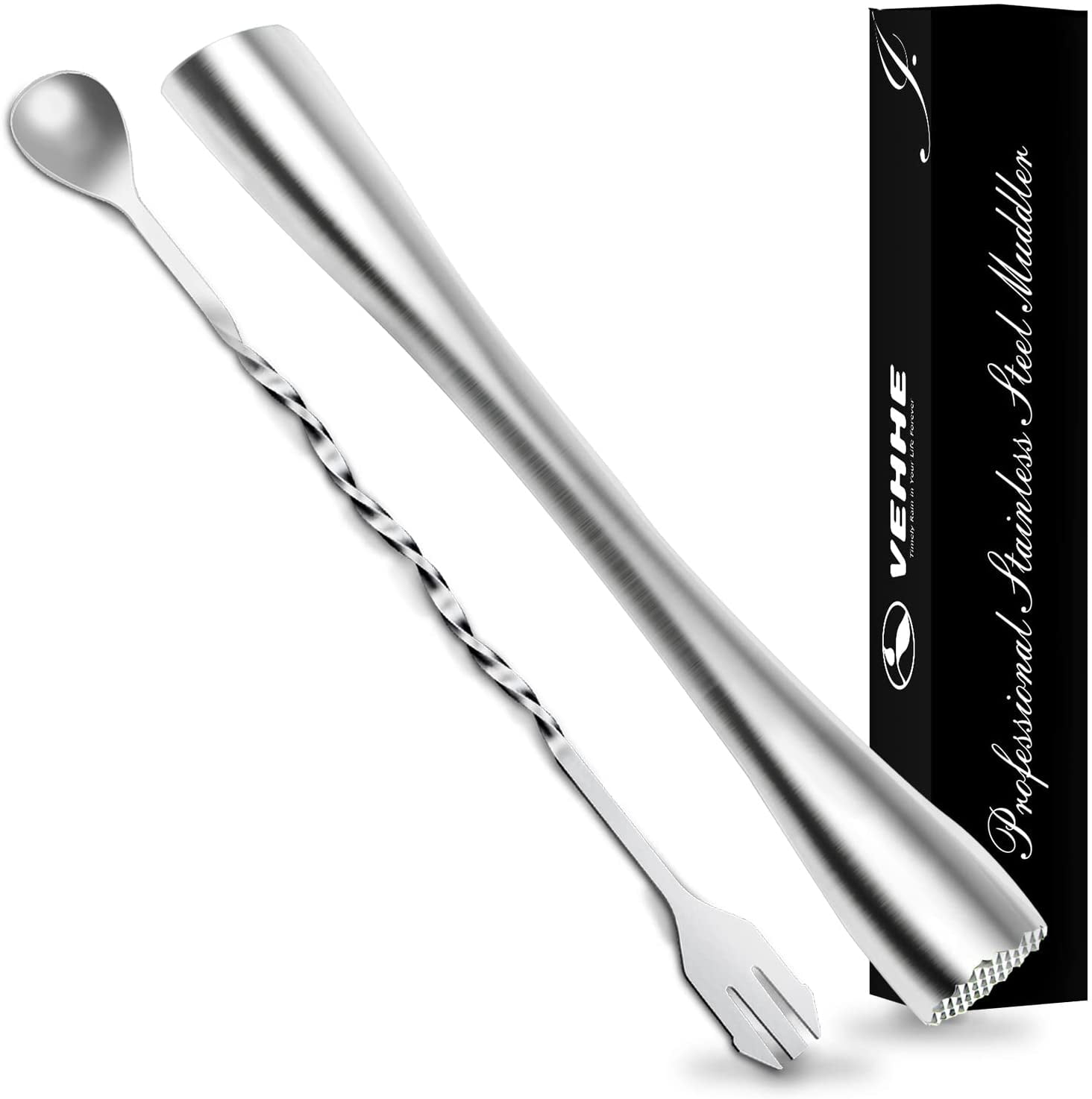 VEHHE Muddler For Cocktails 10" Stainless Steel And Mixing Spoon Drink With Bar 
