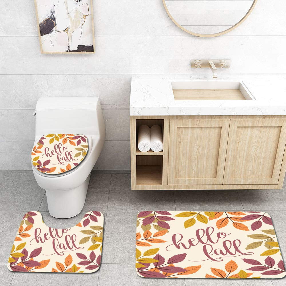 GOHAO Fall Autumn Walnut Leaves Hello Fall Text 3 Piece Bathroom Rugs Set Bath Rug Contour Mat