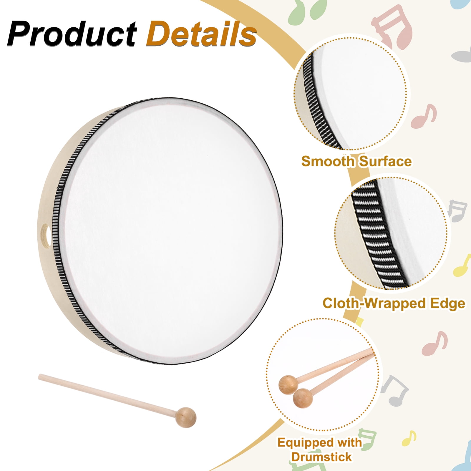 Uxcell 1 Pcs Hand Drum Music Percussion 10 Inch Wood Frame Drum Set with Drum Stick Musical Instrument for Musical Education Home Party Performance Supplies (Wood Color)