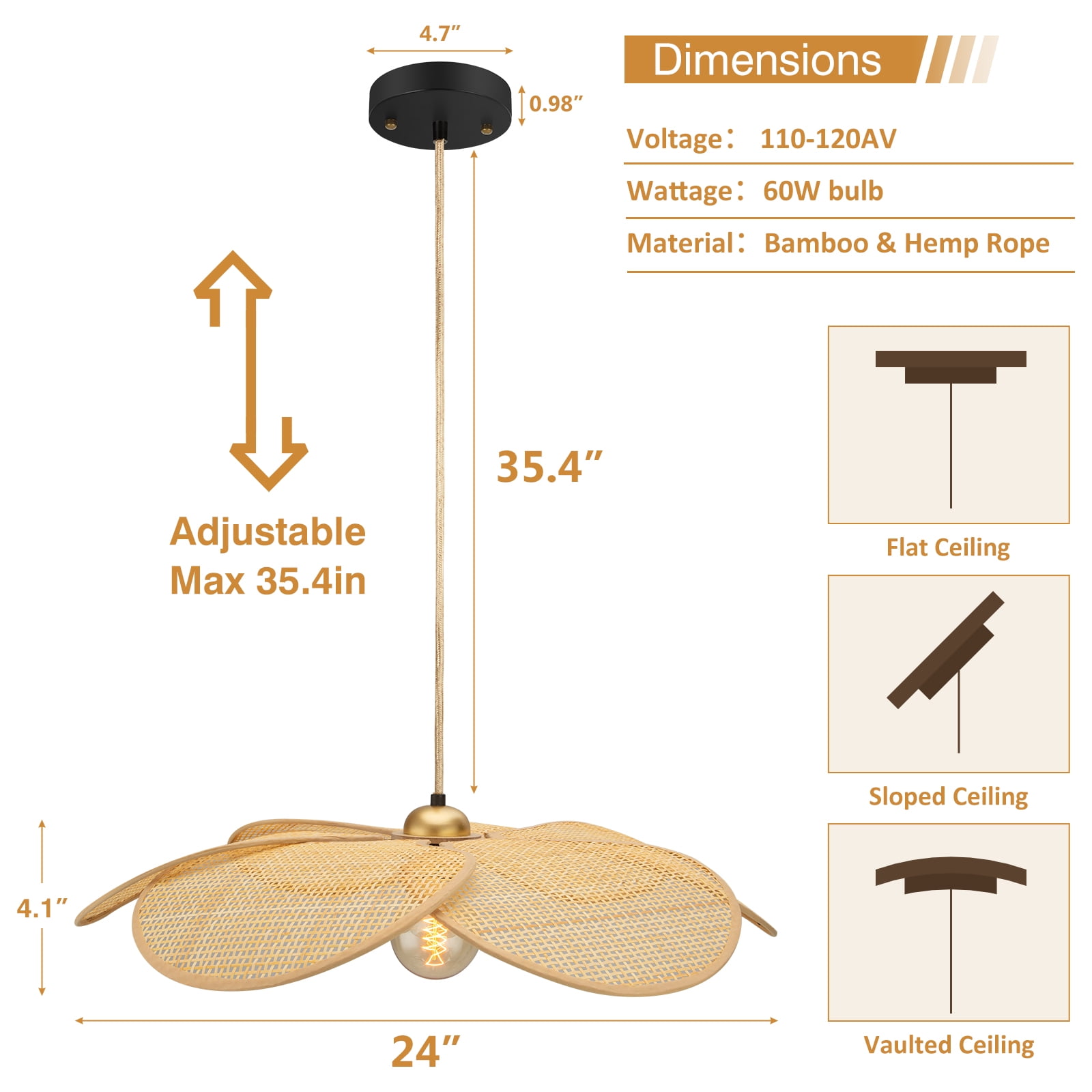 Bamboo Pendant Light Fixture, 24 Inch Flower Handwoven Rattan Lampshade 5”-34.5” Adjustable Height Hanging Lights, Boho Chandelier Ceiling Hanging Lamp for Living Room Kitchen Bedroom(Not Bulb)