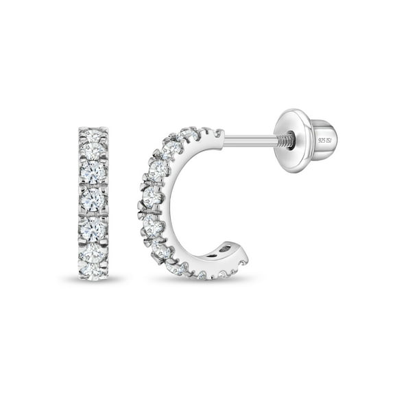 925 Sterling Silver Clear CZ Small Half Hoop Screw Back Cute Earrings for Teen